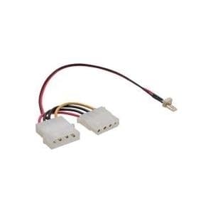 3-pin fan connector and 4-pin power supply adapter cable, featuring black, red, and yellow wires, measuring 0.3 meters in length, designed for connecting fans to power supplies.