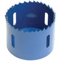 Blue Irwin bi-metal high-speed holesaw, 48mm diameter, with jagged cutting edge and side slots for debris removal.