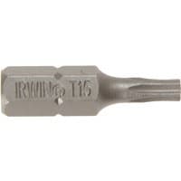 "Silver Irwin Torx Insert Bit Tx15, 25mm length, hexagonal base, pack of 10, engraved with IRWIN T15"