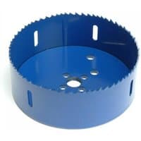 Blue Irwin bi-metal high-speed holesaw, 210mm diameter, with jagged teeth and multiple circular cutouts.