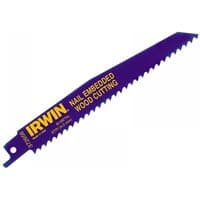 Blue Irwin sabre saw blade with yellow text for nail embedded wood cutting, 150mm length, pack of 2.