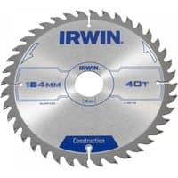 Silver Irwin circular saw blade, 184mm diameter, 40 teeth, with blue branding and construction label.