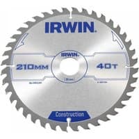 Silver Irwin circular saw blade, 210mm diameter, 30mm arbor, 40 teeth, ATB design, blue branding.