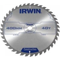 Silver Irwin table and mitre saw blade, 400mm diameter, 40 teeth, with blue branding and construction label.