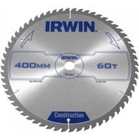 Silver Irwin table and mitre saw blade, 400mm diameter, 60 teeth, ATB design, blue branding and text.