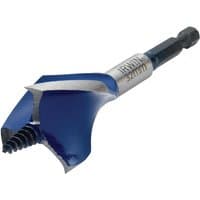 Blue and silver Irwin wood bit with hex shank, sharp cutting edges, and spiral tip for efficient drilling.