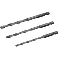 Irwin 3 Piece HSS Drill Bit Set with hex shank, silver finish, spiral flute design, varying lengths.