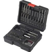 Irwin 47 Piece Easy Connect Hex Shank Drill Bit Set in black plastic case with assorted drill bits and red latch.