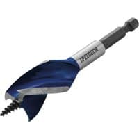 Irwin 6X Blue Groove Stubby Wood Drill Bit with blue grooved tip, silver shaft, and hexagonal shank.