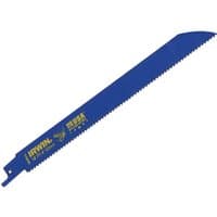 Blue Irwin 810R reciprocating saw blade with yellow branding, designed for cutting wood and metal.