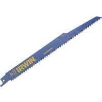 Blue Irwin 956R reciprocating saw blade with yellow branding and sharp teeth for cutting wood and nails.