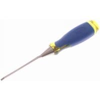 Blue and yellow Irwin chisel with splitproof soft touch handle and 3mm steel blade.