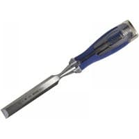 Irwin Marples chisel with 19mm steel blade, blue splitproof soft touch handle, and silver accents.