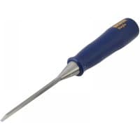 Bevel edge chisel with blue handle, silver blade, and yellow branding, 3mm width.