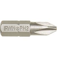 Irwin Phillips screwdriver bit, silver, PH2 size, hexagonal base, engraved branding.