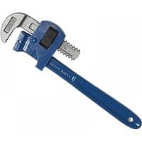 Blue and silver Irwin Record T300/18 Stillson wrench with adjustable serrated jaws and long handle.