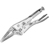Silver Irwin long nose locking pliers, 150mm, with adjustable screw and curved handles for grip.