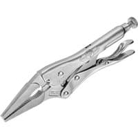 Silver Irwin long nose locking pliers with serrated jaws and adjustable screw, 225mm length.