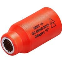 Red ITL 1/2" drive insulated bi hexagon socket with black text and safety symbols, designed for electrical work.