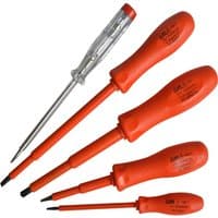 5-piece ITL insulated screwdriver set with red handles and clear circuit tester.