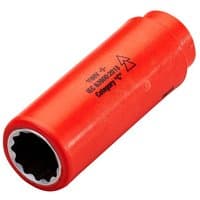 Red ITL insulated deep socket, 1/2-inch drive, 20mm size, with safety markings and hexagonal opening.