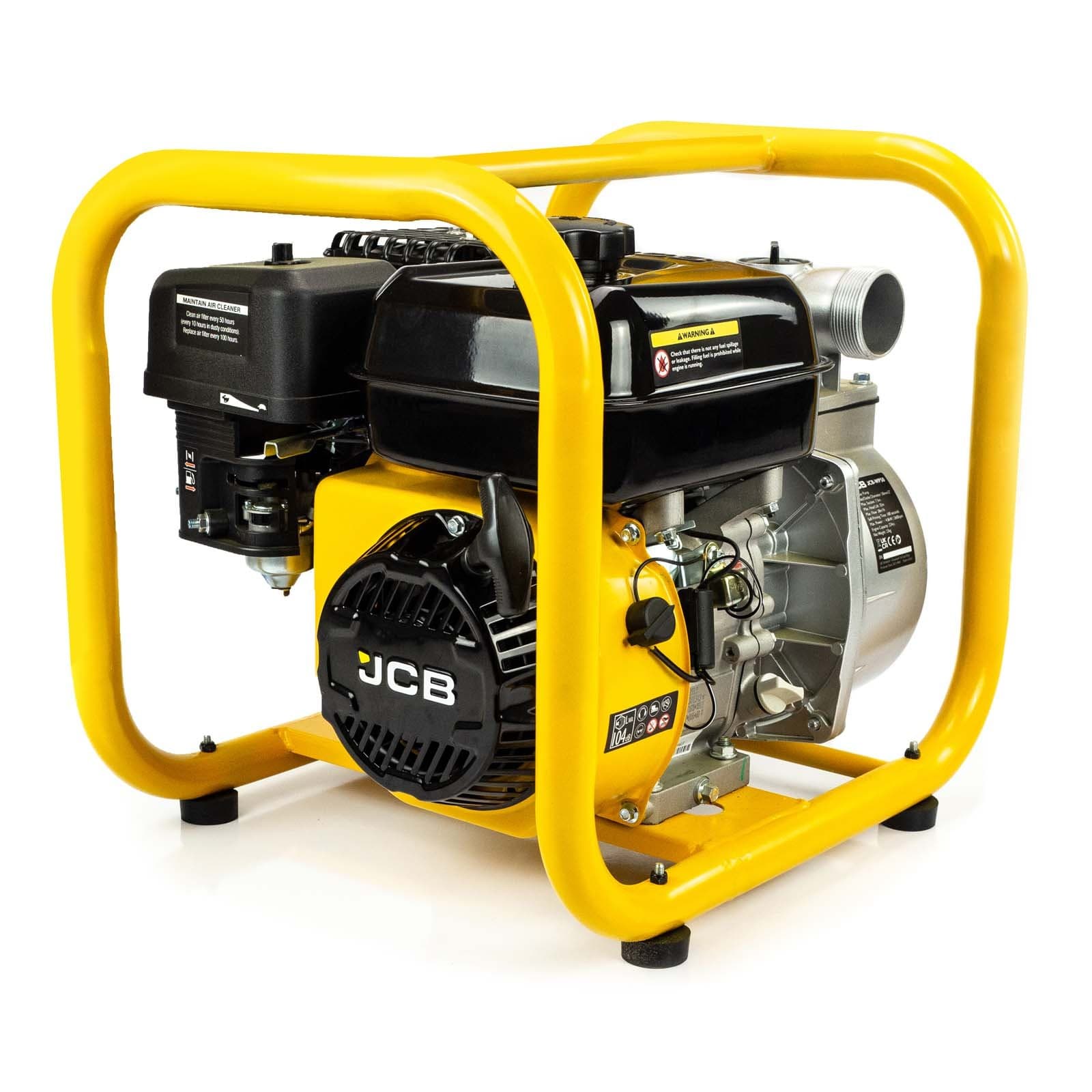 Yellow and black JCB Professional Petrol Water Pump with a robust frame, featuring a 7.5hp engine, 224cc capacity, and a flow rate of 466L/min, designed for durability and efficiency.