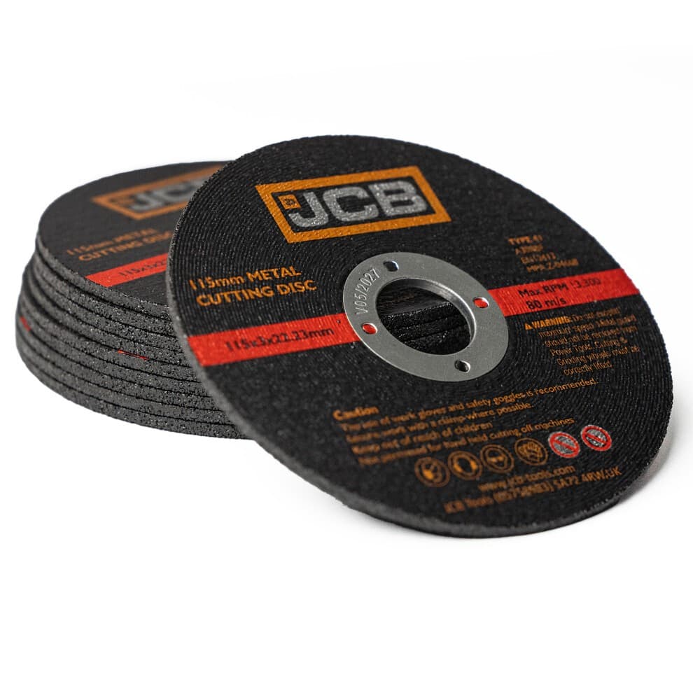 JCB metal cutting discs in a stack, each 115mm in diameter, featuring a black abrasive surface with a central metal hole and red labeling for specifications.
