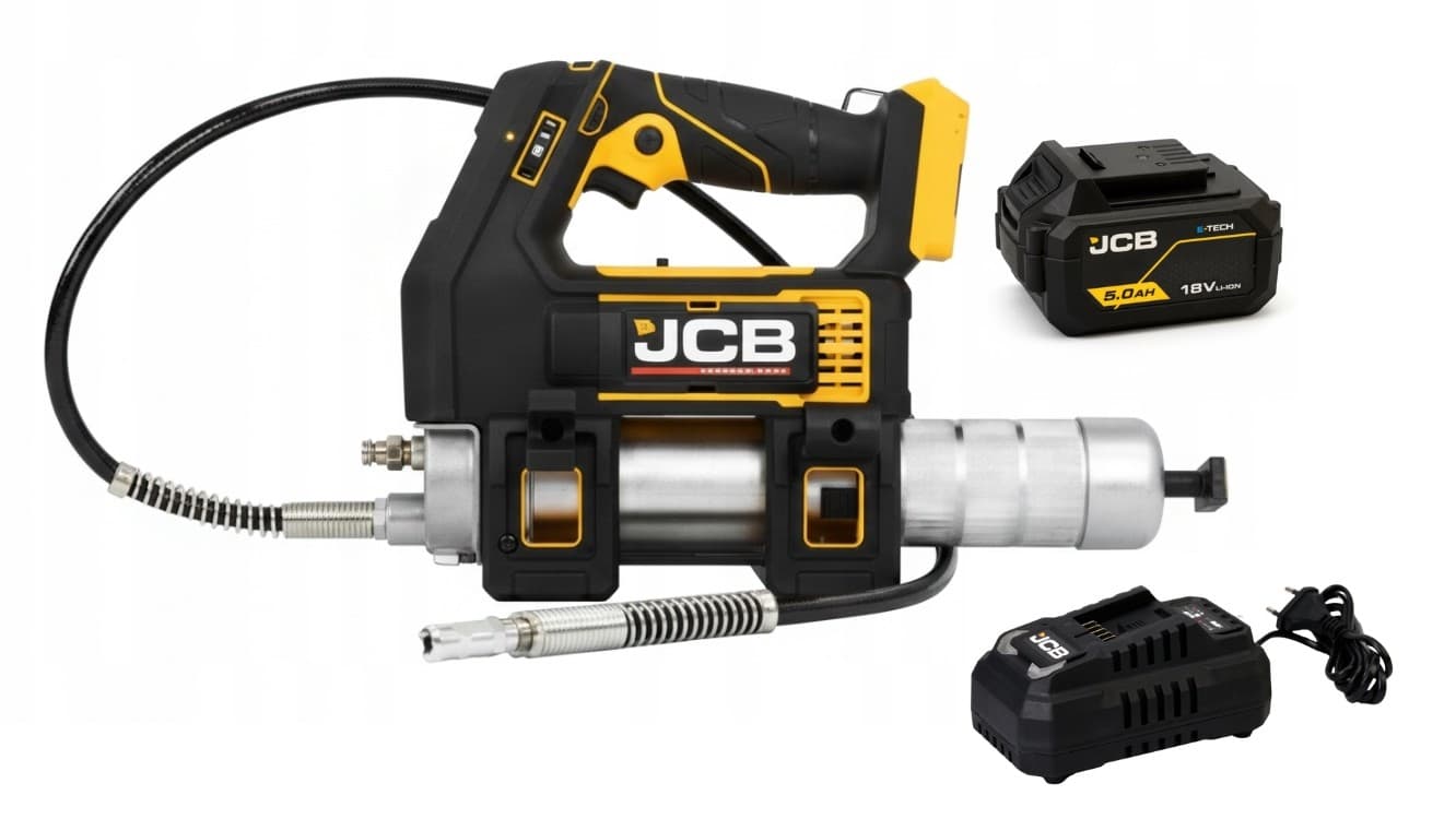 Black and yellow JCB cordless grease gun with a silver metal barrel, accompanied by an 18V battery and charger, designed for high-pressure lubrication at 700 bar.