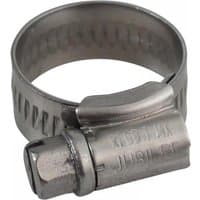 Stainless steel Jubilee hose clip, adjustable 13-20mm, with slotted screw and embossed branding.