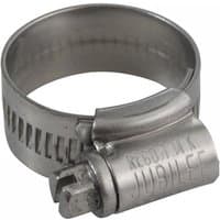Stainless steel Jubilee hose clip, 18-25mm, with slotted screw and embossed branding on the clamp housing.