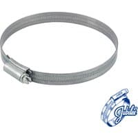 Mild steel Jubilee clip, 90-120mm, silver finish, adjustable screw mechanism, branded logo in blue.