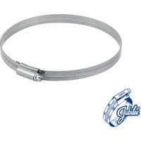 Mild steel Jubilee clip, 120-150mm, silver finish, with screw adjustment, branded logo in bottom right corner.