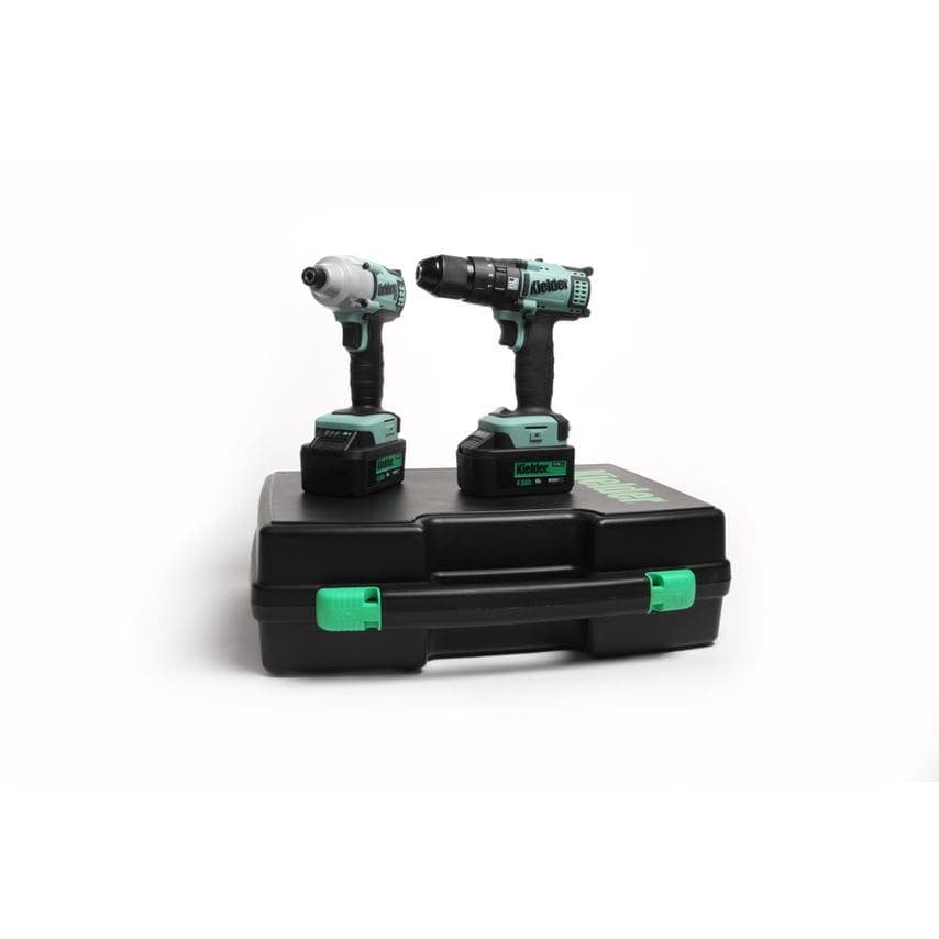 Kielder Combi Drill and Impact Driver in a black carrying case, featuring teal accents, two 4.0Ah Li-Ion batteries, and ergonomic grips for comfortable use.