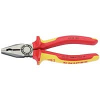 Red and yellow Knipex 160mm fully insulated combination pliers with a metallic gripping jaw and ergonomic handles.