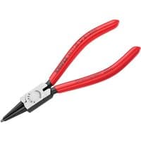 Red-handled Knipex circlip pliers with straight black tips for internal use, suitable for 8-13mm circlips.