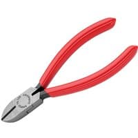 Red-handled Knipex diagonal cutters with silver cutting edges and PVC grip, 125mm length.