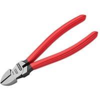 Red-handled Knipex diagonal cutters with a silver cutting edge and black joint, 160mm length.