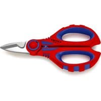 Red and blue Knipex electricians cable scissors with curved handles and sharp stainless steel blades.
