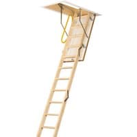Wooden folding loft ladder with metal hinges and yellow handrail, attached to a ceiling hatch.