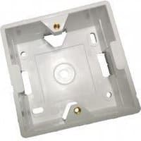 White Lanview LVN126080 outlet box, square shape with mounting holes and central circular indentation.