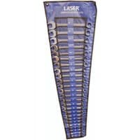 Blue roll-up case with 25 silver combination spanners ranging from 6mm to 32mm, branded Laser.
