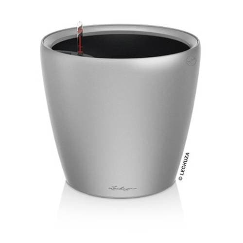Sleek silver round planter with a glossy finish, featuring a self-watering system and a visible water level indicator, designed for indoor and outdoor use.