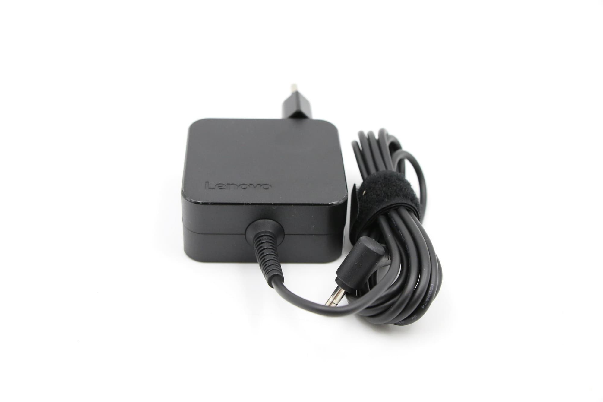 Black Lenovo 01FR137 power adapter with a compact design, featuring a detachable cable and a cylindrical connector, designed for indoor use with a power output of 65 W.