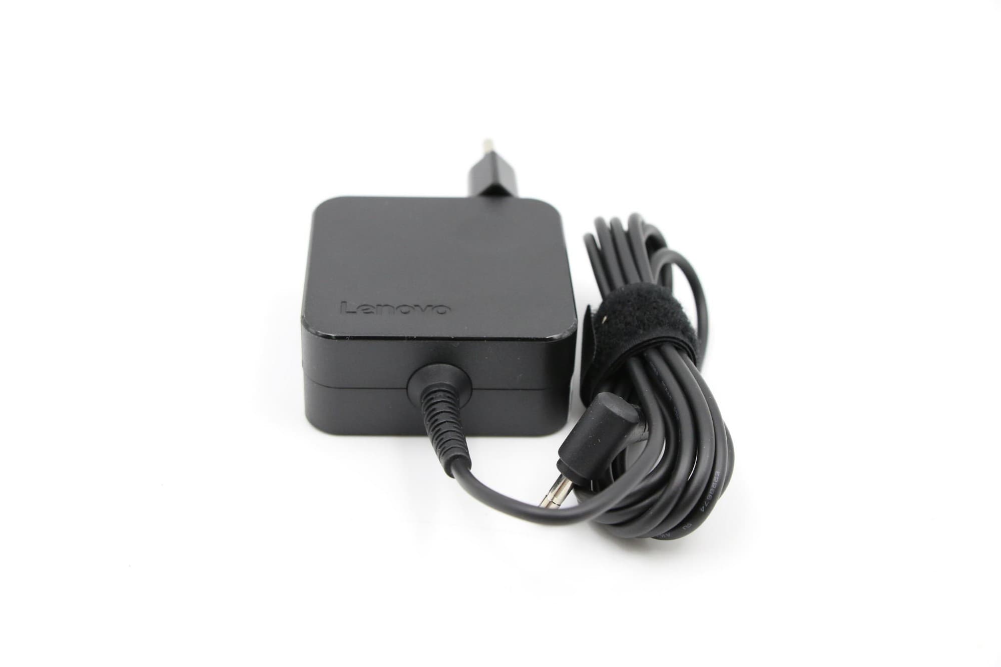 Black Lenovo 01FR148 power adapter with a compact square design, featuring a detachable cable and a connector tip, designed for indoor use with a 65W output.