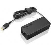 Black Lenovo 65W power adapter with rectangular body, attached cable, and yellow-tipped connector.