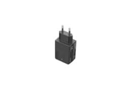 Black Lenovo 40AW0045EU power adapter with two prongs, compact design, and a textured surface, suitable for indoor use with a 45W output.
