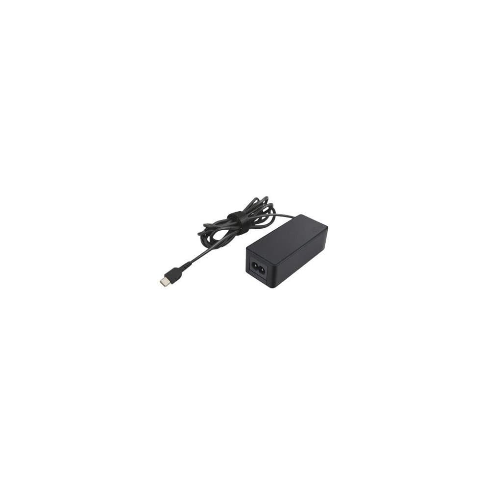 Black Lenovo 45W power adapter with a rectangular design, featuring a USB-C connector and a long cable for both auto and indoor use.