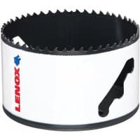 White Lenox bi-metal holesaw 83mm with jagged teeth and blue logo on side.