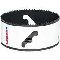 White Lenox bi-metal holesaw with jagged edge and red logo, 114mm diameter.
