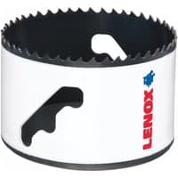 White Lenox bi-metal holesaw, 76mm diameter, with jagged teeth and red logo on the side.